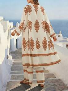 Breezaya Conjunto de 2 piezas de mujer con estampado vintage de otoño - Caqui - Ver 2