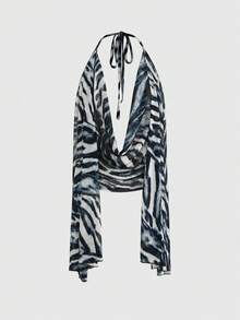 ROMWE Hippie 嬉皮风动物纹垂褶领露背性感短款女式上衣 - 彩色 - 查看 1