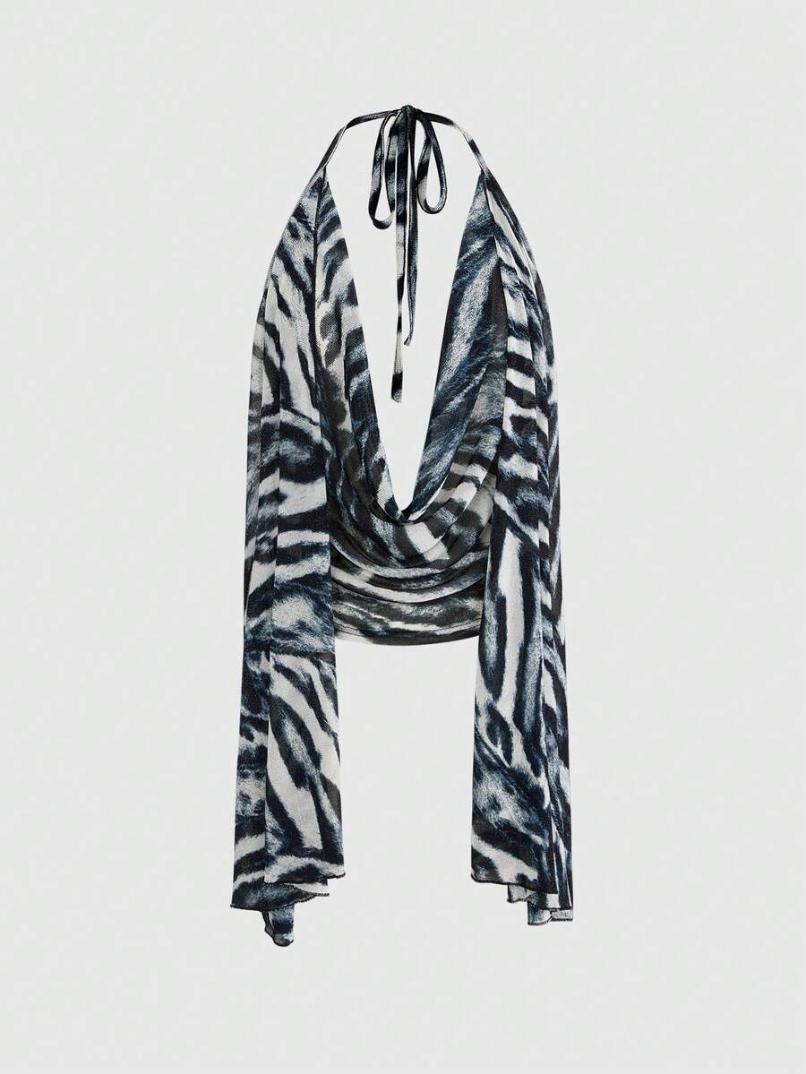 ROMWE Hippie 嬉皮风动物纹垂褶领露背性感短款女式上衣 - 彩色 - 查看 1