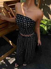 Muchica Women's New Polka Dot Print Cropped Tube Top And Wide Leg Pants Set, Black & White, Spring/Summer - Black - View 6