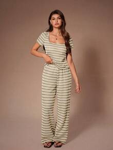 Lazeform Comfortable & Fashionable Striped Scoop Neck Short Sleeve Loungewear Set - Khaki - View 3