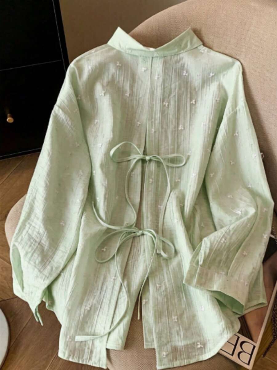 Franclia 女士春夏新款时尚宽松薄款露背系带长袖衬衫 - 綠色 - 查看 1