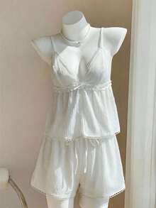 Comfortcana 两件套女士休闲简约百搭蕾丝蝴蝶结吊带背心和短裤，适合海滩、度假、夏季穿着 - 白色 - 查看 3