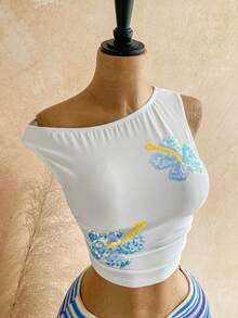 Soleia 新款休闲度假西部海滩婚礼宾客礼服，毕业早午餐，圣帕特里克节，春假，复活节，音乐节，优雅波西米亚热带风情棕色纹理针织荷叶边不对称肩部两件套，饰以串珠刺绣和海星图案 - 彩色 - 查看 3