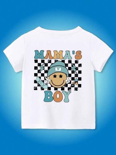 SHEIN Playful Pals Baby Boy Summer Casual Cute Checkerboard Face "MAMA's BOY" Letter Print Short Sleeve Round Neck T-Shirt