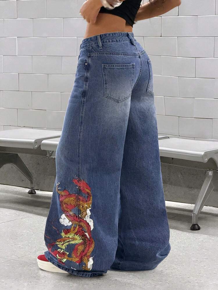 StreetHx Quần jeans ống đứng dáng rộng in hình máy bay, phong cách thường ngày dành cho nữ. - Rửa trung bình - Xem 4
