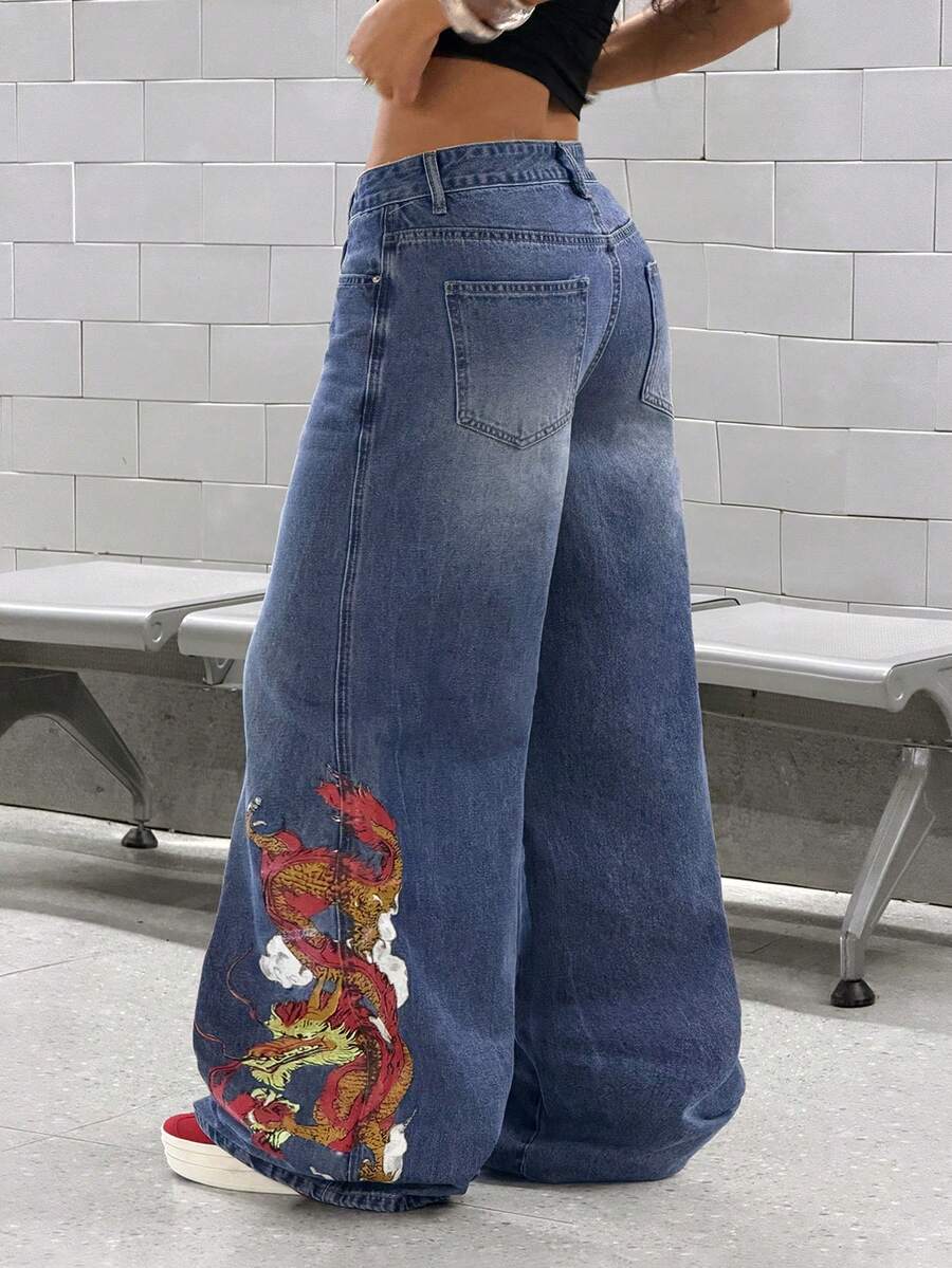 StreetHx Women's Fashion Casual Loose Airplane Print Straight Leg Jeans - Medium Wash - View 1