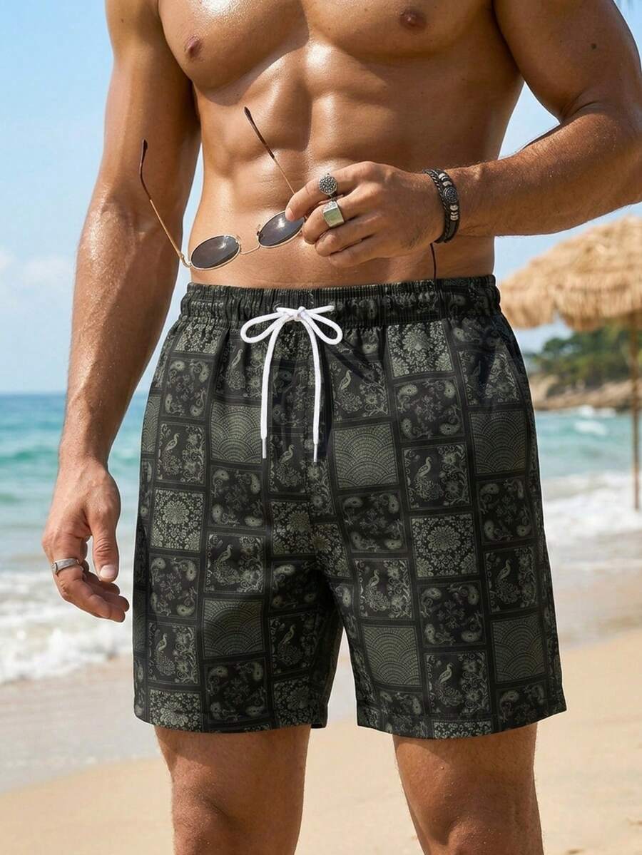 Zalmeno 男士休闲全印花沙滩短裤 - 白色 - 查看 1