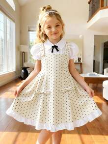 Elladie kids Đầm chữ A màu trắng in chấm bi, tay phồng, eo xếp ly, có nơ dành cho bé gái (cỡ nhỏ). - Nhiều màu - Xem 3
