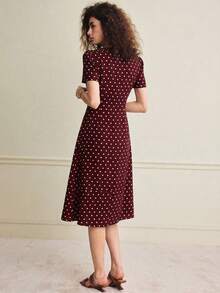 Écloséra Vestido de mujer de estilo japonés con estampado de lunares dulces y manga corta - Burdeos - Ver 2