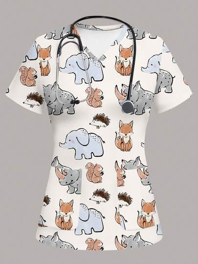 PopScrub Women's Cartoon Elephant Print Short Sleeve Scrub Uniform Top