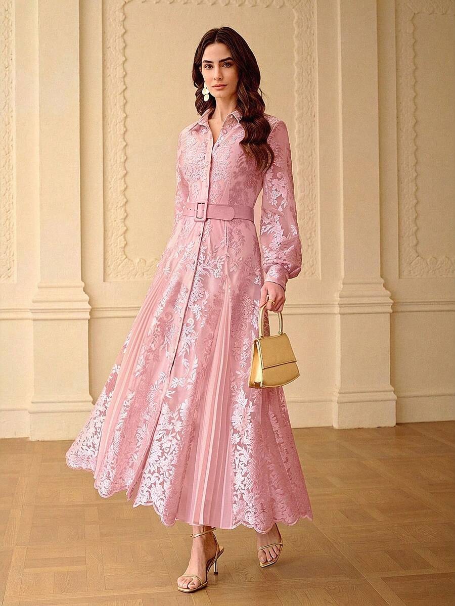 ZEYLAH Đầm dài dáng chữ A thanh lịch, lãng mạn, thêu họa tiết, thích hợp cho mùa xuân/hè. - Hồng - Xem 1