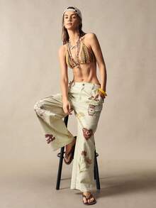 Bohemela Women's Casual Woven Straight Leg Pants Patterned Wideleg Pants - Apricot - View 2