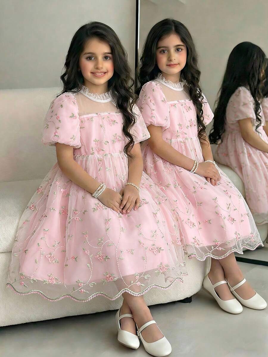 Elladie kids 女童优雅花瓣袖玫瑰提花蕾丝网纱公主裙，女童夏季新款时尚仙女裙，1 件套 - 粉色 - 查看 1