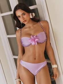 Bonvoyette Women's Shiny Fabric Beach Vacation Sexy Bikini 3 Pieces Set With 3D Floral Decor & Braided Design, Underwire Support - Purple - View 8