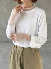 FRIFUL Solid Color Patchwork Sheer Polka Dot Mesh Fabric Loose Casual Versatile T-Shirt - White - View 5