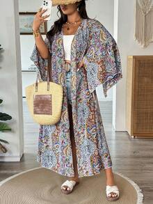Vionelle Boho Plus Size Long Sleeve Open Front Coat Multicolor Random Print Woven Fabric With Split Sleeves - Multicolor - View 4