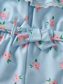 Young Girls Romper, Blue Striped Floral Print, Delicate Ruffle Design, Elastic Waist With Belt, Shorts - Multicolor - View 4