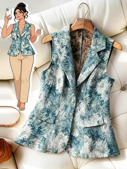 GlowEve CURVE Plus Size Women's Bestselling Sleeveless Elegant Jacquard Blazer, Minimalist Slimming Silhouette, Fashionable Jacquard, Metal Button Design Blazer Jacket, Suitable For Daily Outings, Commuting