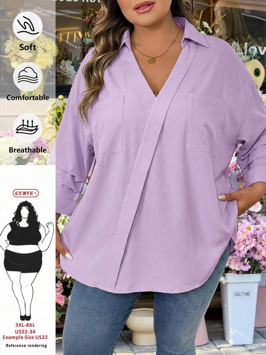 SHEIN CURVE+ Plus Size Casual Solid Color Pocket Shirt, Suitable For Commuting, Autumn - Mauve Purple - View 1