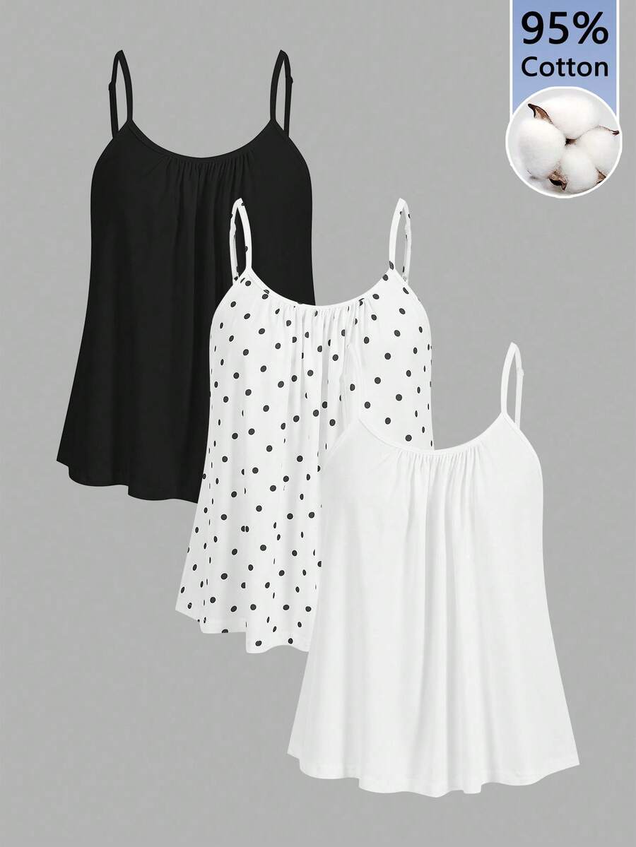SHEIN EZwear 3件装95%纯棉褶皱波点宽松吊带背心,可调节肩带,适合春夏、外出、海滩、度假、机场等场合,时尚百搭。 - 彩色 - 查看 1