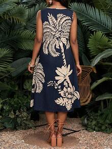 SHEIN Lady 女士印花无袖休闲中长连衣裙，度假风 - 彩色 - 查看 2