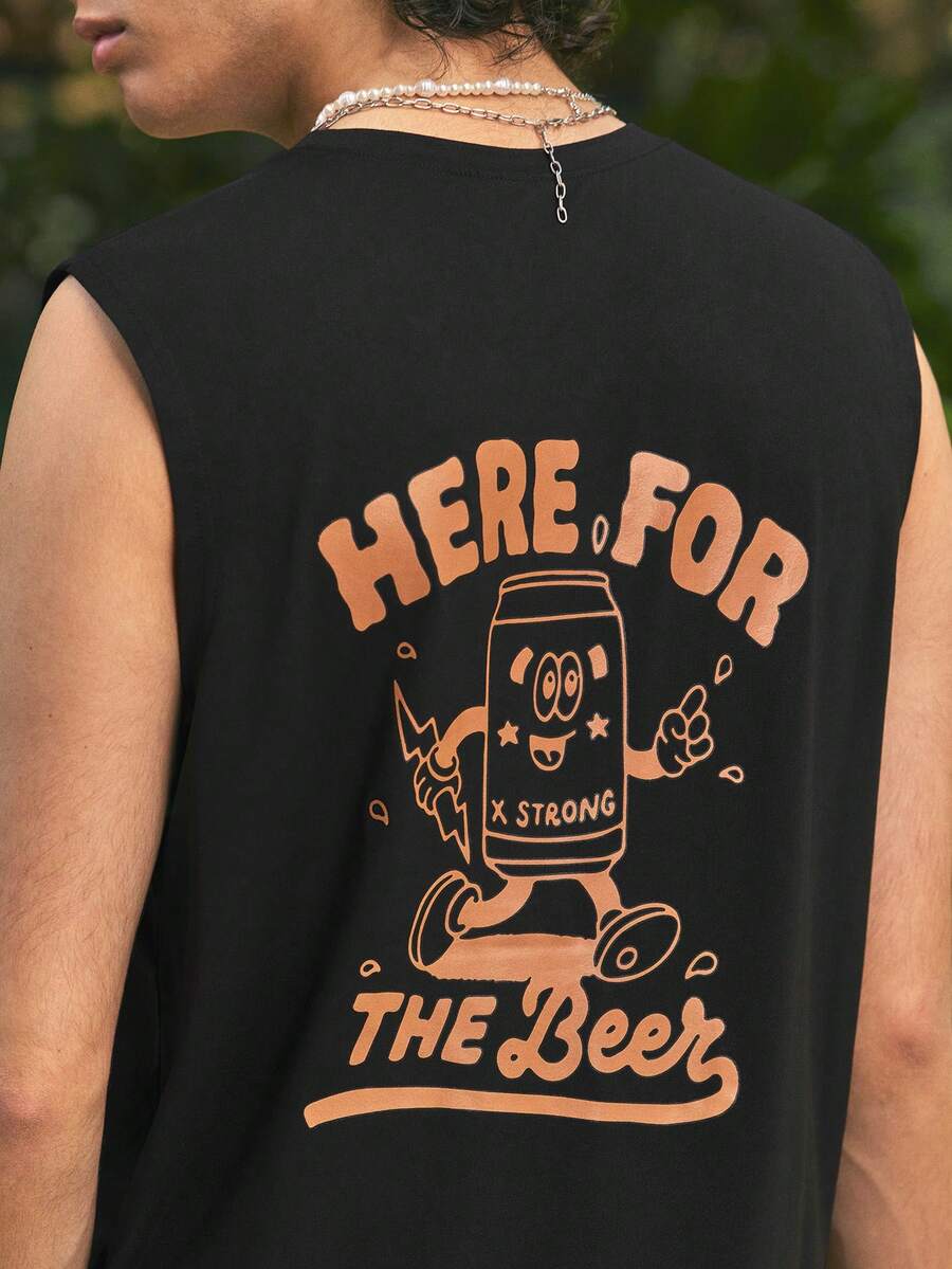 Open Phase Estilo casual de calle | Camiseta de tirantes de verano para hombres | Estampado de lata de cerveza de dibujos animados y texto "Here For The Beer", estilo retro americano, unisex, ajuste relajado para atuendos de verano - Adecuado para uso diario y atuendos de vacaciones de verano. - Negro - Ver 1