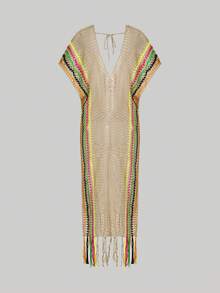BamGleam Halter Neck Knit See-Through Dress Maxi Women Outfit Holiday Beach Holiday Beige Summer Boho - Camel - View 2