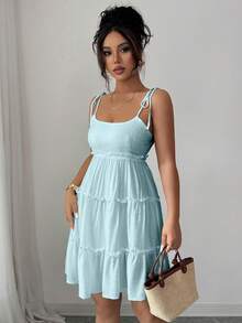 Elenzga Đầm hai dây viền bèo chấm bi Thụy Sĩ, trang phục đi biển cho nữ. - Màu xanh nhạt - Xem 6