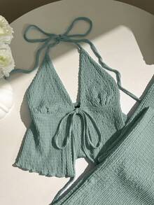 Elamini Textured Fabric Pleated Halter Loose Wide Leg Pants Set - Green - View 4