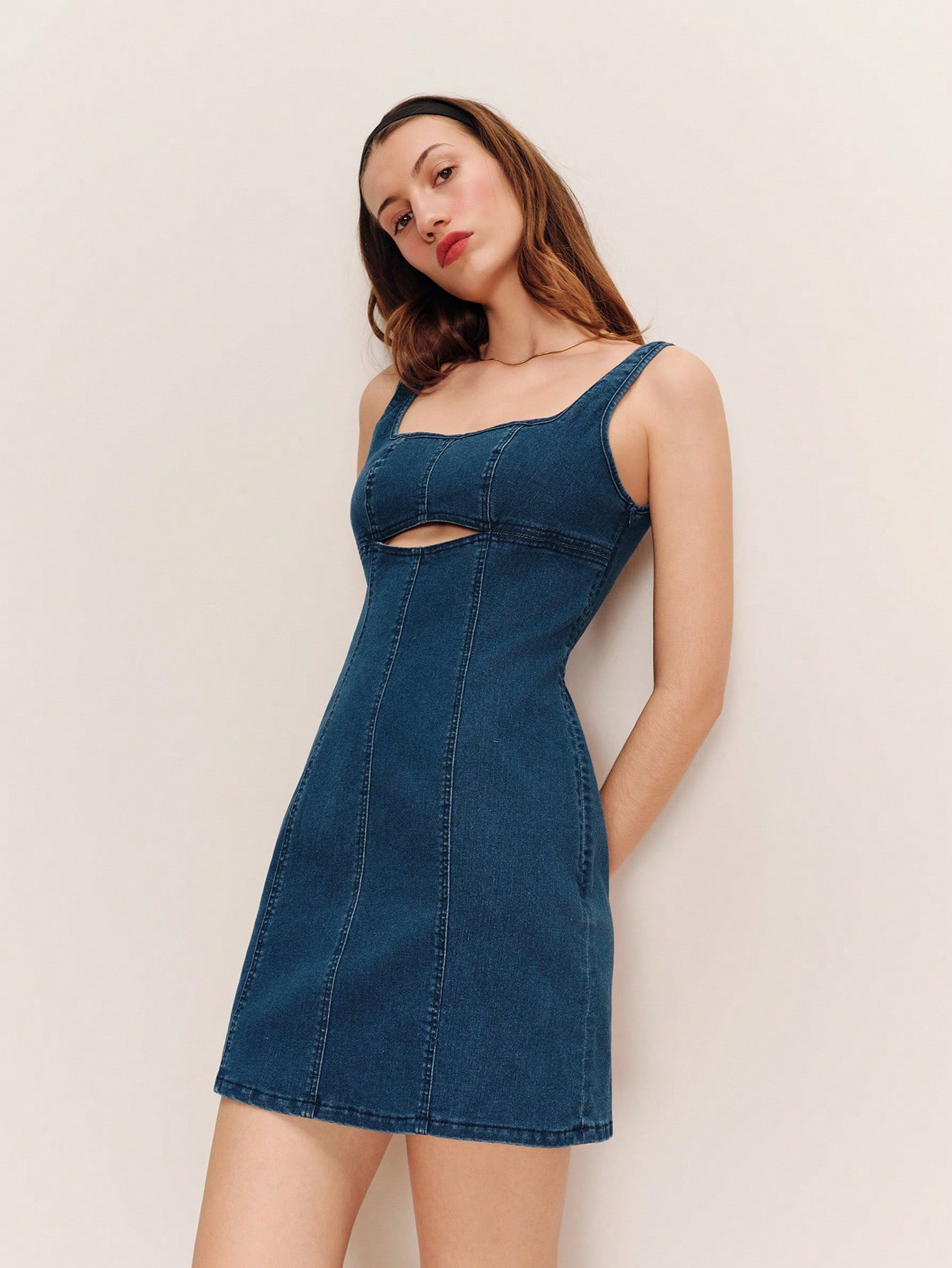 Sleeveless Fitted Denim Mini Dress With Cut-Out Spring Summer French Style Parisian Style Cotton Dress Vacation Dress Holiday Dress