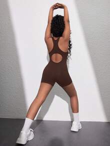 SHEIN Tuta casual sportiva da ragazza tween, scollo a U, schiena aperta, abbigliamento da yoga e attività fisica, primavera/estate - Castano - Visualizzare 5