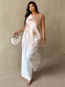 Auralis New Summer Satin Fabric Plus Size Elegant Commuting Workplace Long Tassel Hem Casual Top / Collar Pleated Loose Collar Modern Elegant Shirt / New Asymmetrical Hem Loose Shirt Silk Top For Women Elegant Blouse For Women Casual Modern Latest Tops For Women New Arrivals Sleeveless Top Satin Top Fringe Top - Apricot - View 2
