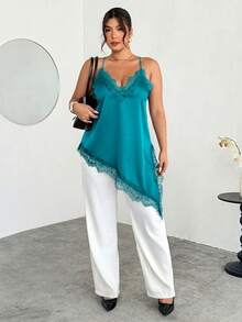 Firerie Top sexy de talla grande con unicolor y patchwork de encaje - Agua verde azul - Ver 4