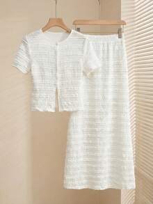 Lymera Conjunto de top corto blanco suave y cómodo casual y falda de cintura elástica para mujer, primavera/verano - Blanco - Ver 1