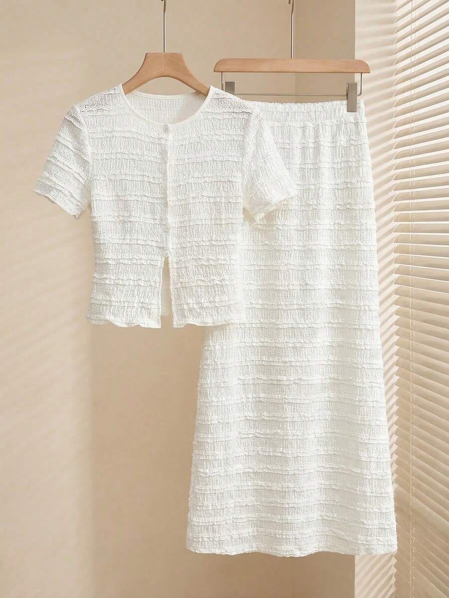 Lymera Conjunto de top corto blanco suave y cómodo casual y falda de cintura elástica para mujer, primavera/verano - Blanco - Ver 1