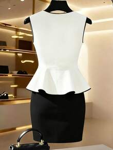 Franclia Women's New V-Neck Sleeveless Asymmetric Button Ruffle Hem Top + Fitted Mini Skirt 2-Piece Set - Black and White - View 2