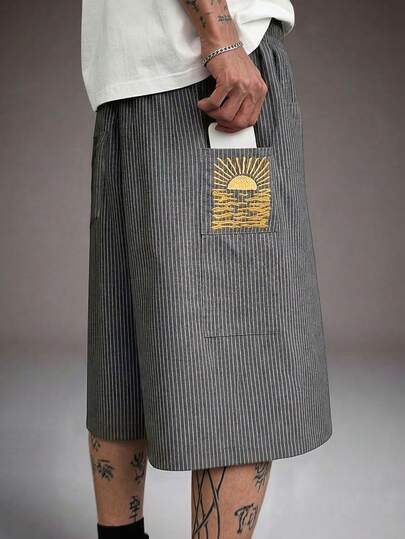 STYNVO 男士纯色褶裥口袋宽松休闲及膝短裤，条纹工装短裤