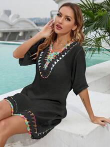 SHEIN LUNE Women's Short Sleeve Crochet Cover-Up Dress For Vacation - Black - View 6
