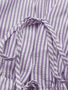SHEIN Sweetro 2pcs Women Striped Print Sleeveless Collared Embroidered Shirt & Elastic Waist Casual Shorts Set, Spring/Summer - Mauve Purple - View 6
