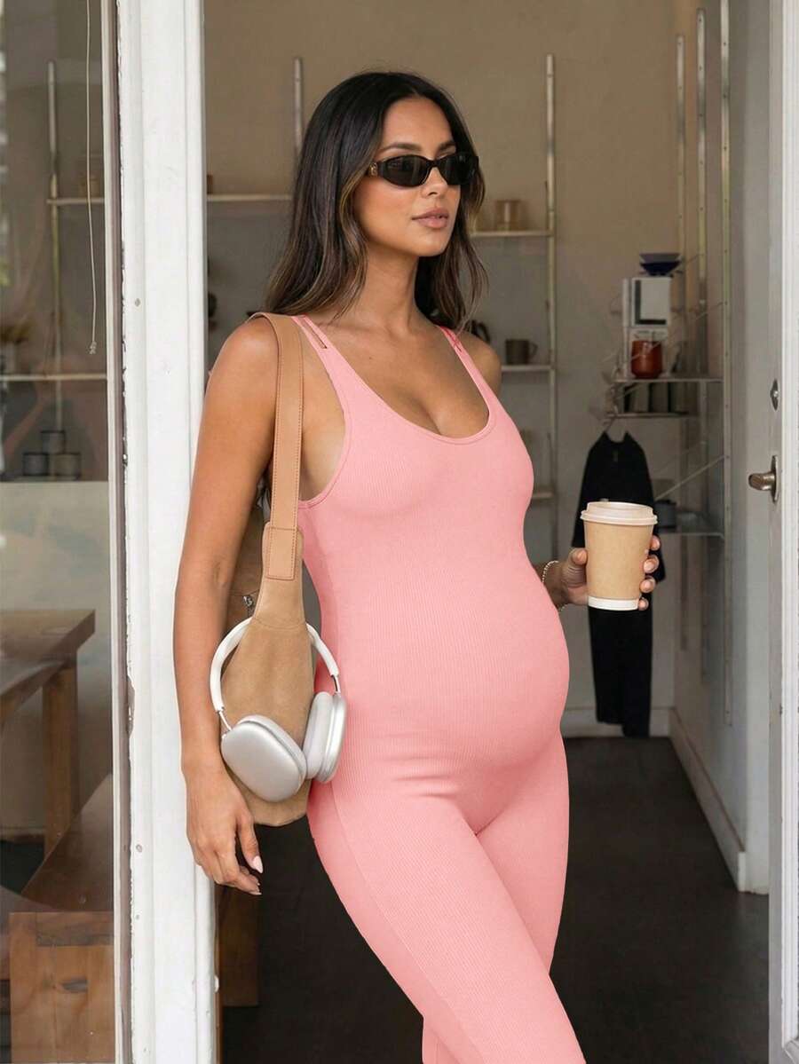 SHEIN Maternity Solid Color Camisole & Flared Pants Set,Word Cup - Baby Pink - View 1