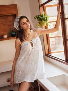 White Ruffled Embroidered Tie-Up Frill Trim Bohemian Romantic Nightgown For Women - White - View 3