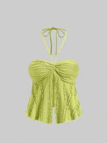 Sweetra Lace Trim Drawstring Splice Strapless Camisole Top For Women - Cadet Blue - View 4