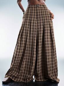 GENKIRA Fashionable Retro Versatile Commuting Casual Plaid Pleated Design Loose Flattering Wide Leg Pants - Coffee Brown - View 4