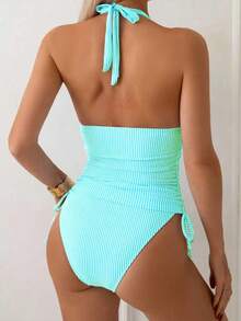 Swim Basics 两件套女士条纹挂脖褶皱系带腰部吊带泳衣，适合夏季海滩度假，女士沙滩装，女士泳衣套装，女士条纹泳衣，女士沙滩装，夏季泳衣，挂脖连体泳衣，女士连体泳衣，塑形泳衣，条纹连体泳衣 - 綠色 - 查看 2