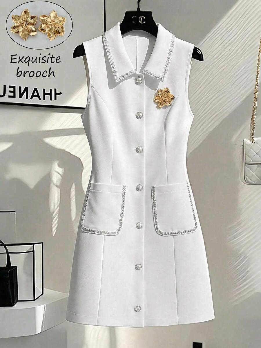女士夏季金属饰边花卉装饰翻领单排扣连衣裙，适合度假、派对、正式晚宴、轻度办公通勤、母亲节、教师节等场合。 - 白色 - 查看 1