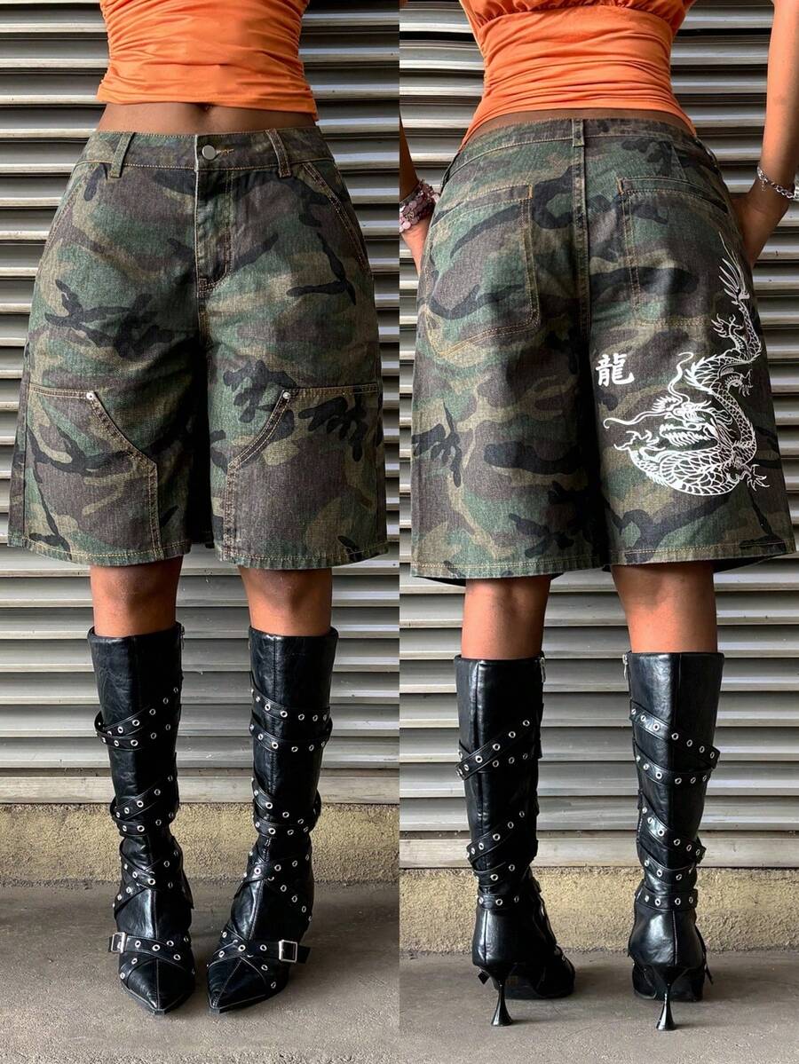 StreetHx Women's Camouflage Pattern Pocket Loose Bermuda Denim Shorts - Multicolor - View 1
