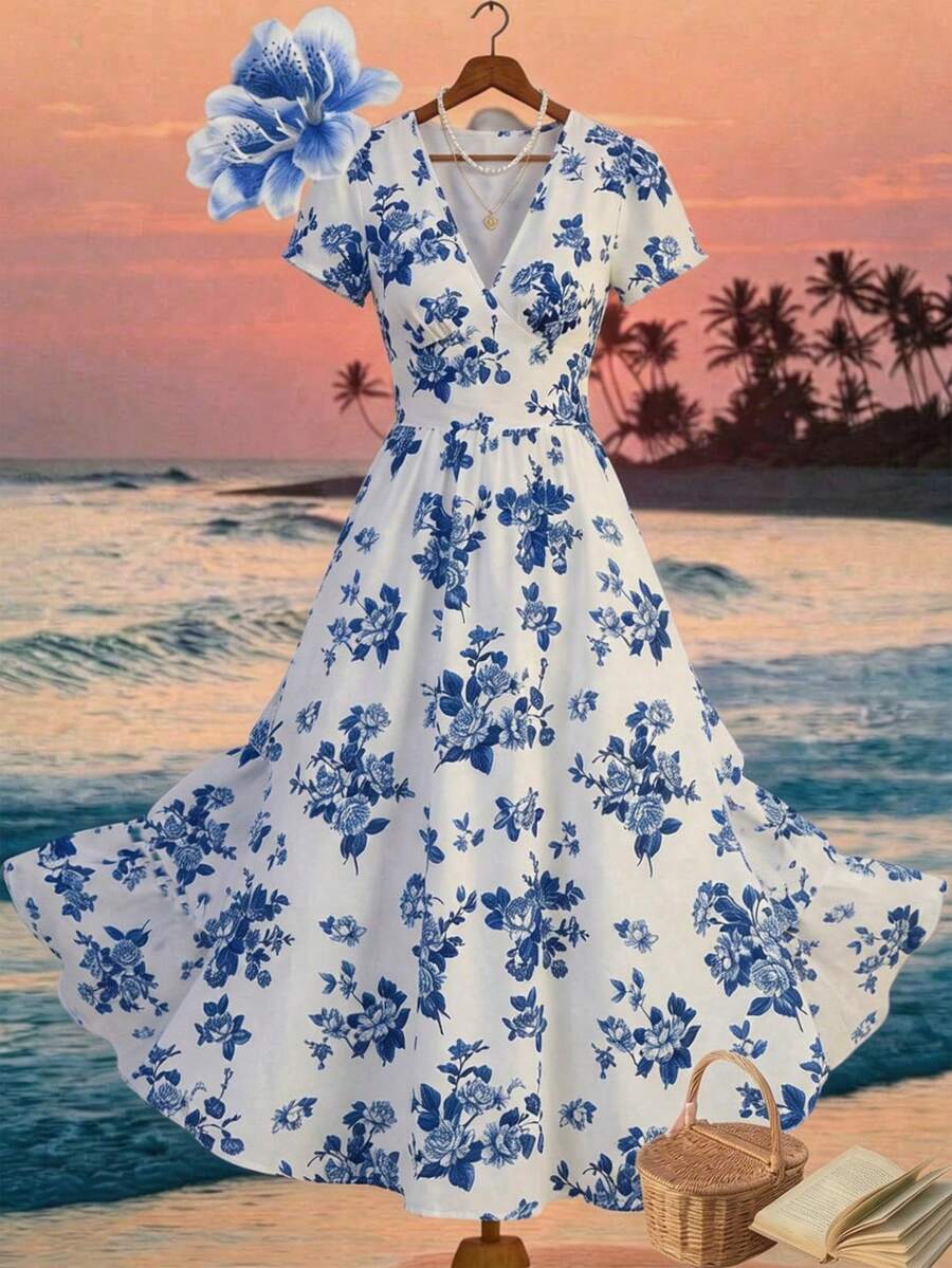 SHEIN Clasi 女士夏季印花V领口袋连衣裙，度假风休闲装，适合度假的蓝色连衣裙，甜美优雅，适合度假、约会、节日、派对、毕业典礼、婚礼宾客、海滩等场合，也可作为舞会礼服。女士夏季连衣裙，蓝色和白色连衣裙，蓝色碎花连衣裙，度假连衣裙，海滩夏威夷连衣裙，蓝色和白色碎花连衣裙，女士夏季连衣裙，女士度假连衣裙，女士春季连衣裙，女士裹身连衣裙，女士晚宴连衣裙 - 藍白色 - 查看 1