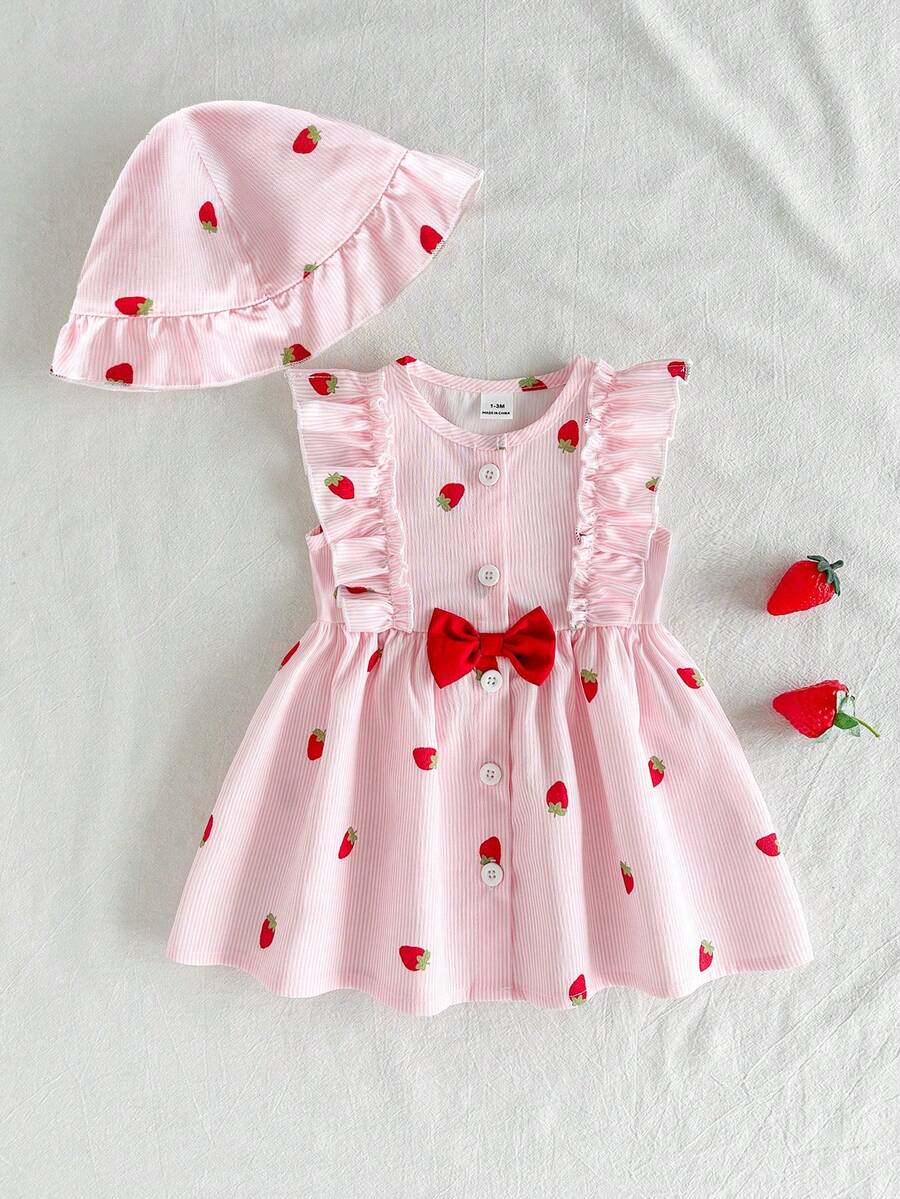 SHEIN Vintaside Kids 夏季新生女宝宝杏色圆领荷叶边卡通樱桃印花无袖红色蝴蝶结连衣裙，搭配红色帽子，优雅可爱 - 粉色 - 查看 1