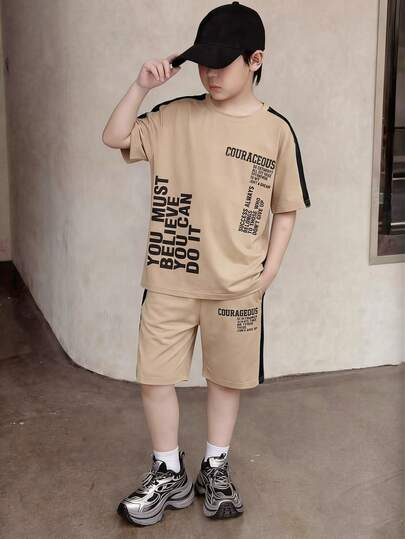 2pcs/Set Boys Casual Letter Graphic Color Block T-Shirt And Matching Loose Shorts Set, Simple Fashion Comfortable For Daily Wear And School